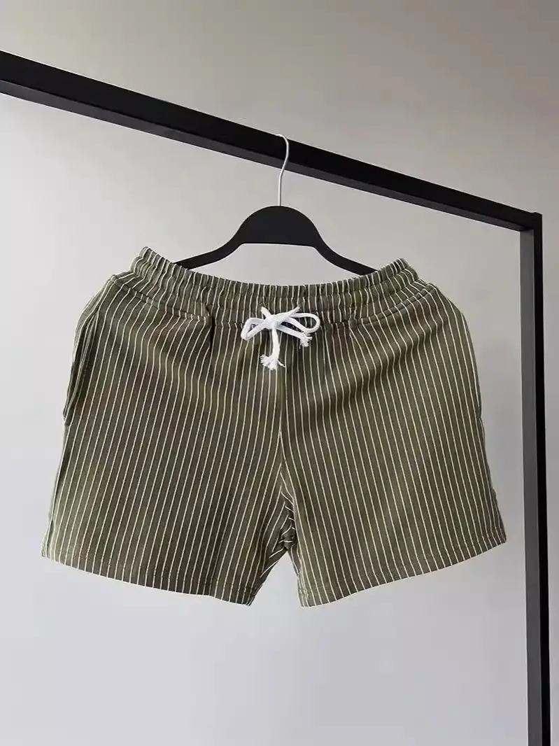 Men Striped Shorts Green White Mid Waist Sports Casual - Image 25