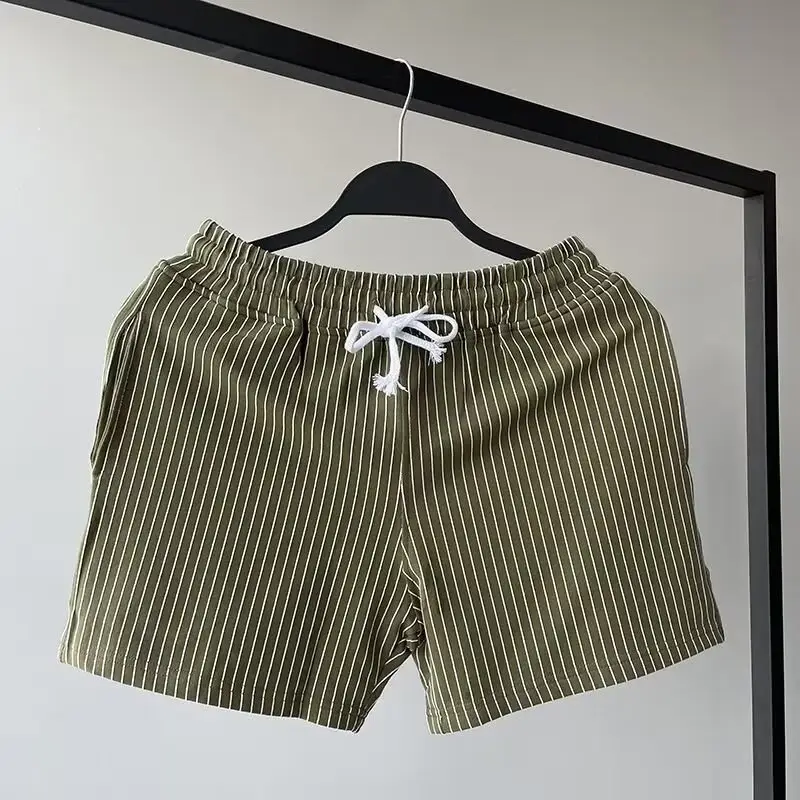 Men Striped Shorts Green White Mid Waist Sports Casual — feature 11