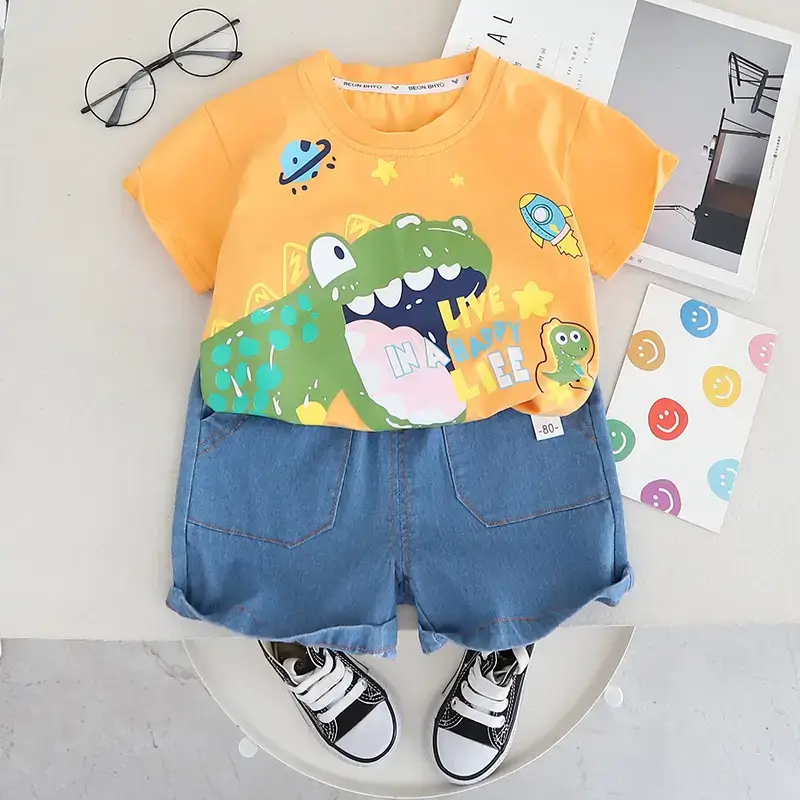 Korean Style Boys Cartoon T-Shirt Shorts Set Orange Blue 2024