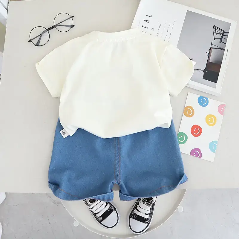 Korean Style Boys Cartoon T-Shirt Shorts Set Orange Blue 2024