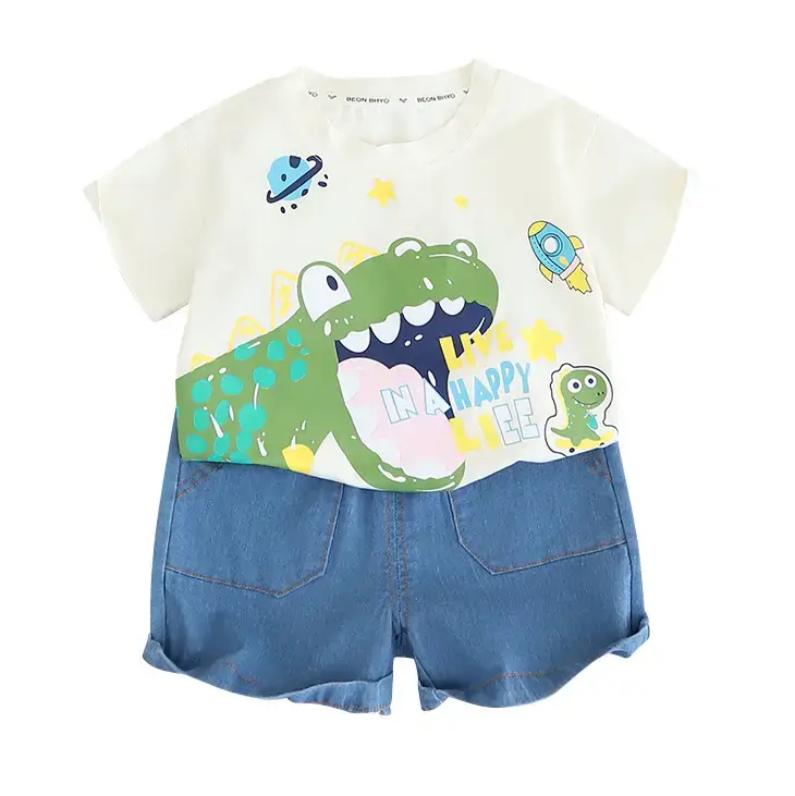Korean Style Boys Cartoon T-Shirt Shorts Set Orange Blue 2024
