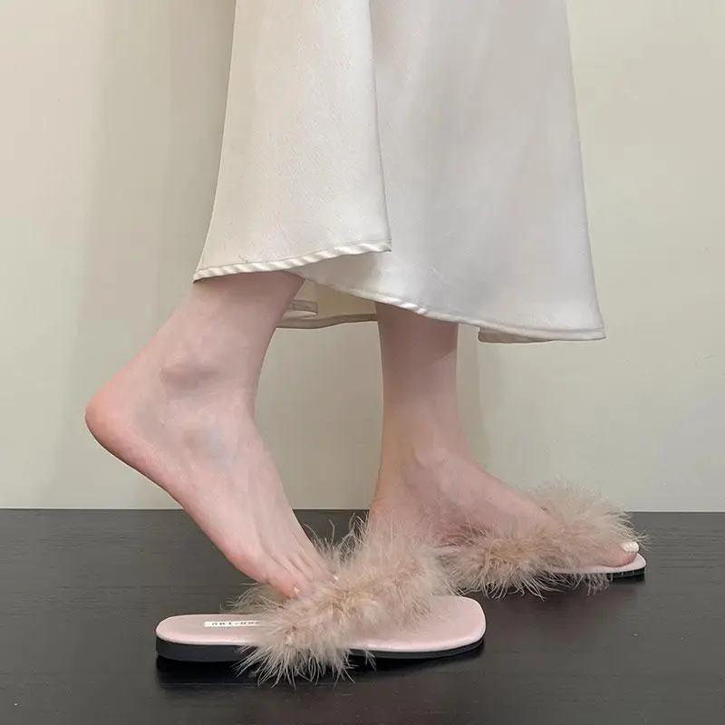 Women's Faux Fur Slippers Low Heel Sandals