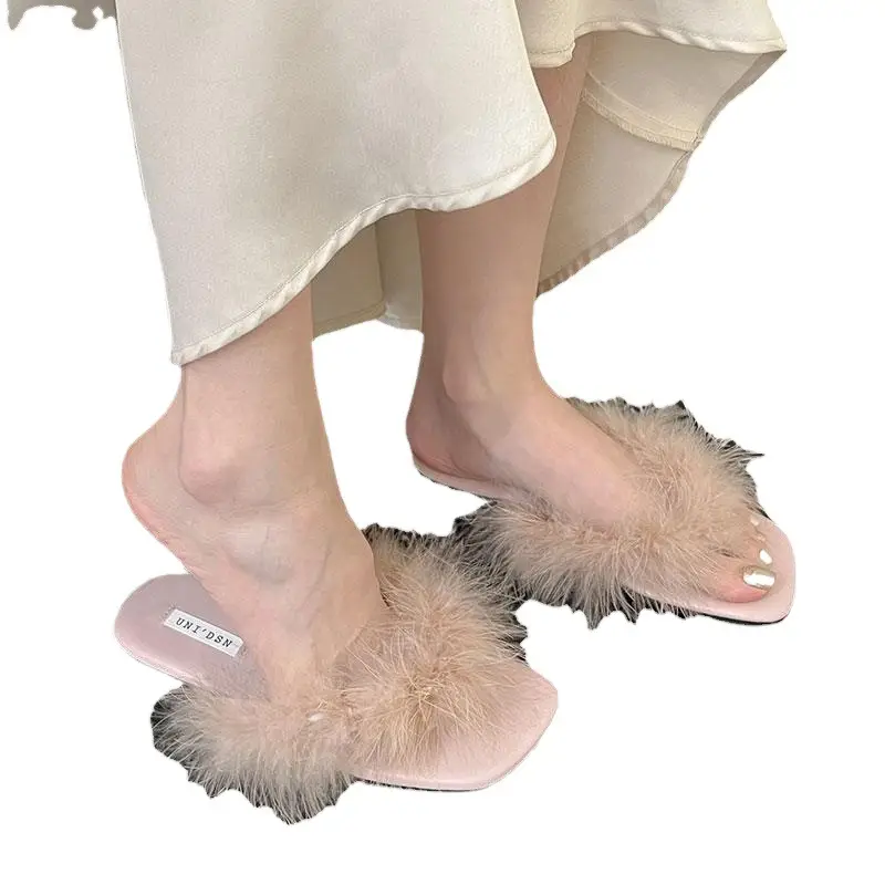 Women's Faux Fur Slippers Low Heel Sandals