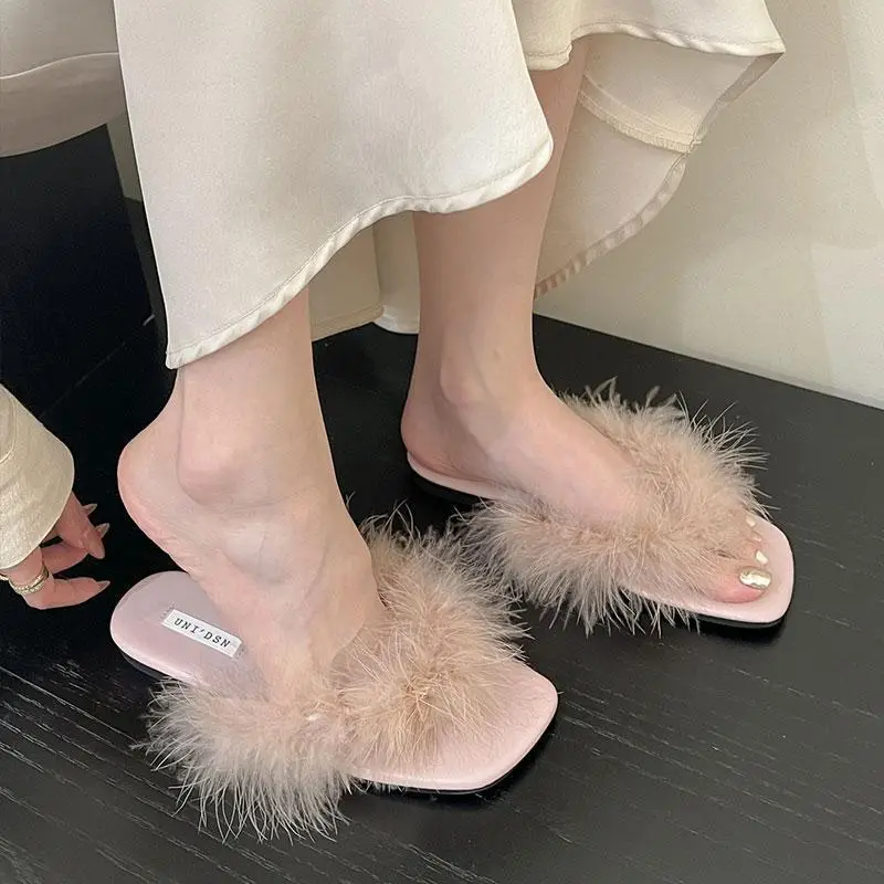 Women's Faux Fur Slippers Low Heel Sandals