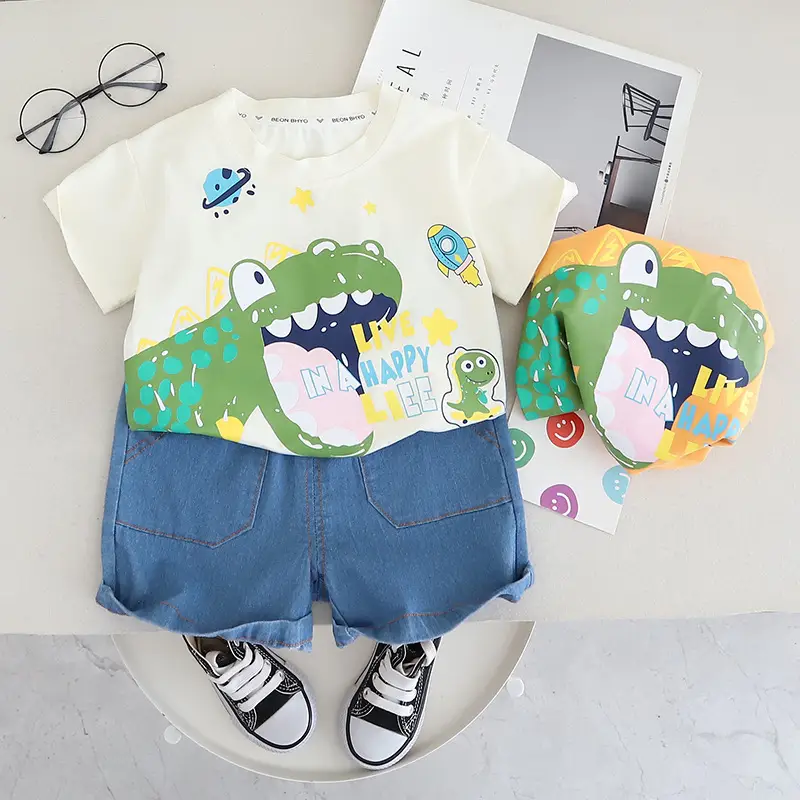 Boys Cartoon T-Shirt Shorts Set Orange Blue 2024 - Image 3