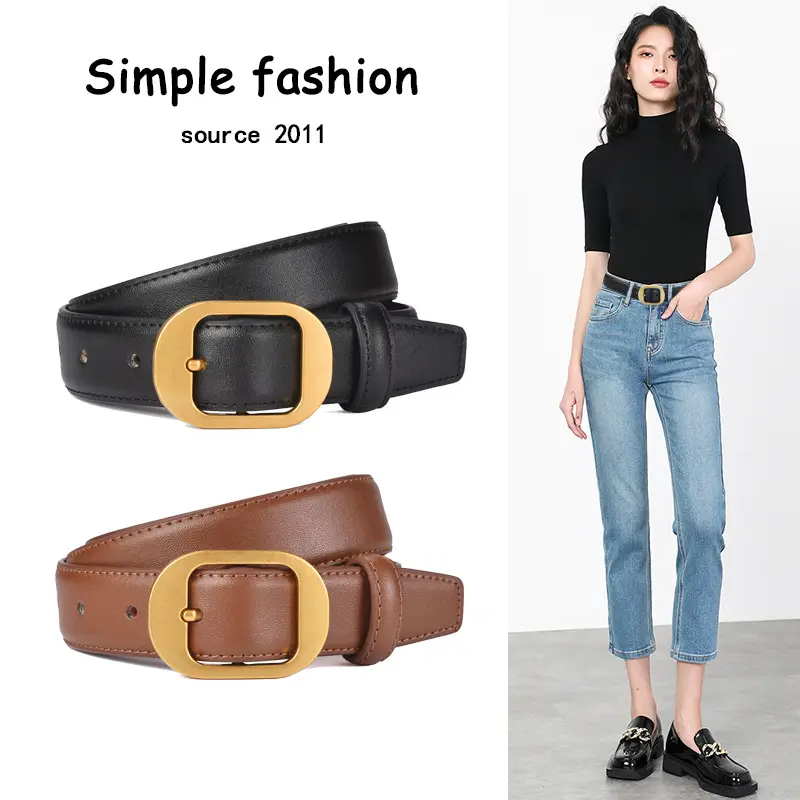 Women's Real Cowhide Belt Black Brown Gold Buckle - Image 5