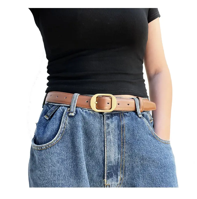 Women's Real Cowhide Belt Black Brown Gold Buckle β feature 3