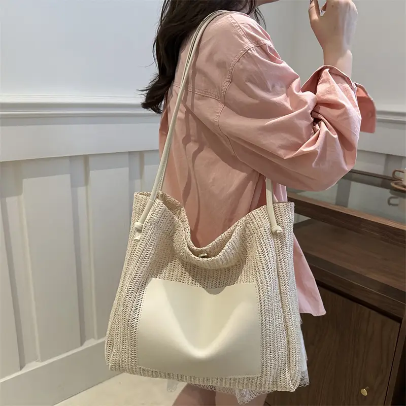 Ins Vintage Woven Straw Tote Bag Brown Leather Handle - Image 6