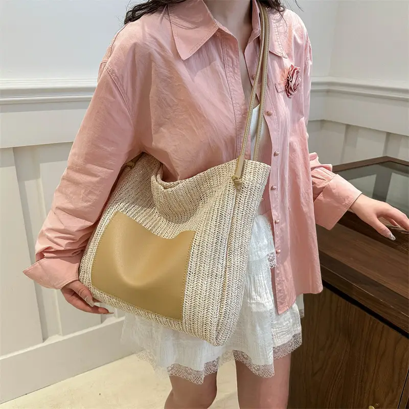 Ins Vintage Woven Straw Tote Bag Brown Leather Handle - Image 7