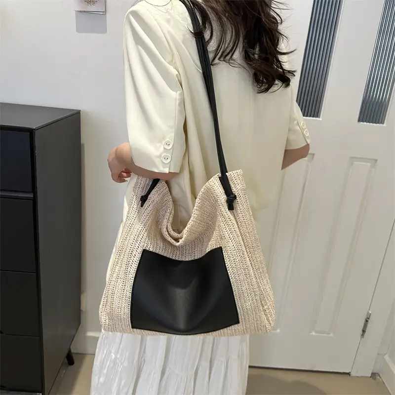 Ins Vintage Woven Straw Tote Bag Brown Leather Handle - Image 8