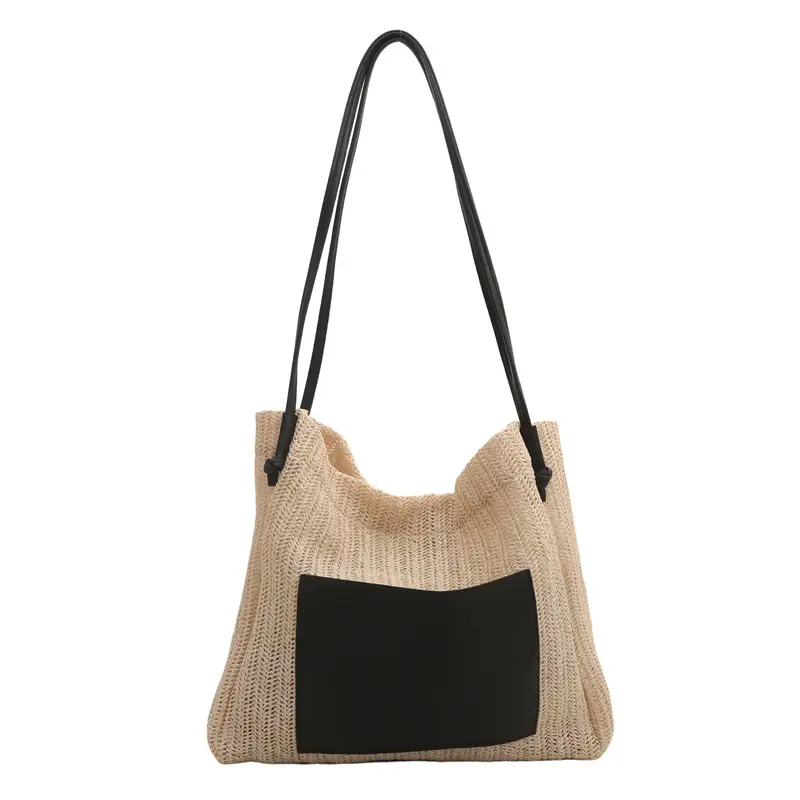 Ins Vintage Woven Straw Tote Bag Brown Leather Handle - Image 9