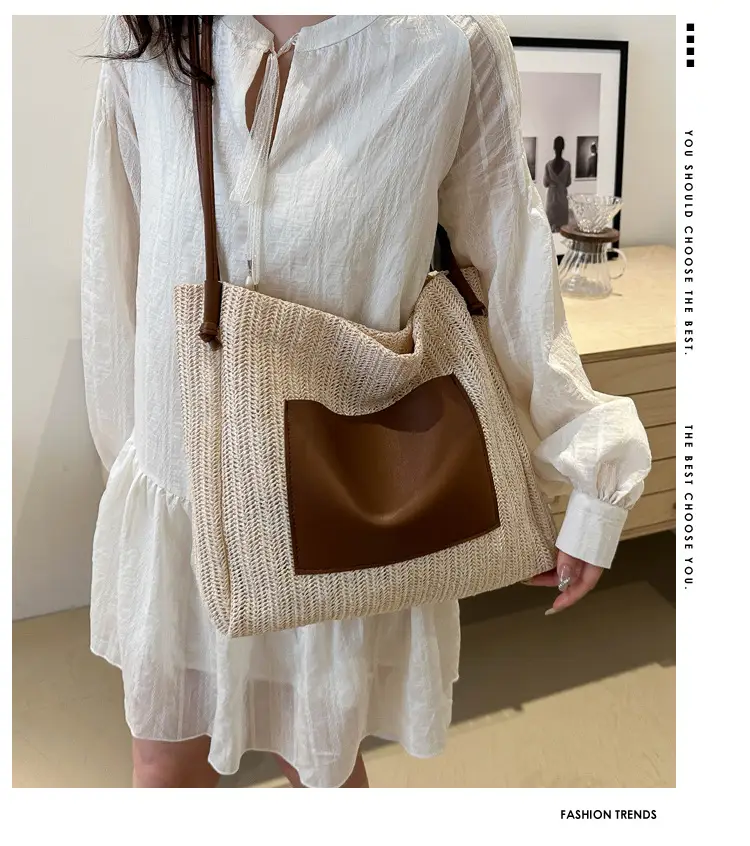 Ins Vintage Woven Straw Tote Bag Brown Leather Handle — feature 1