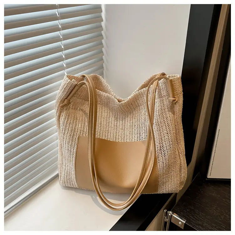 Ins Vintage Woven Straw Tote Bag Brown Leather Handle — feature 11