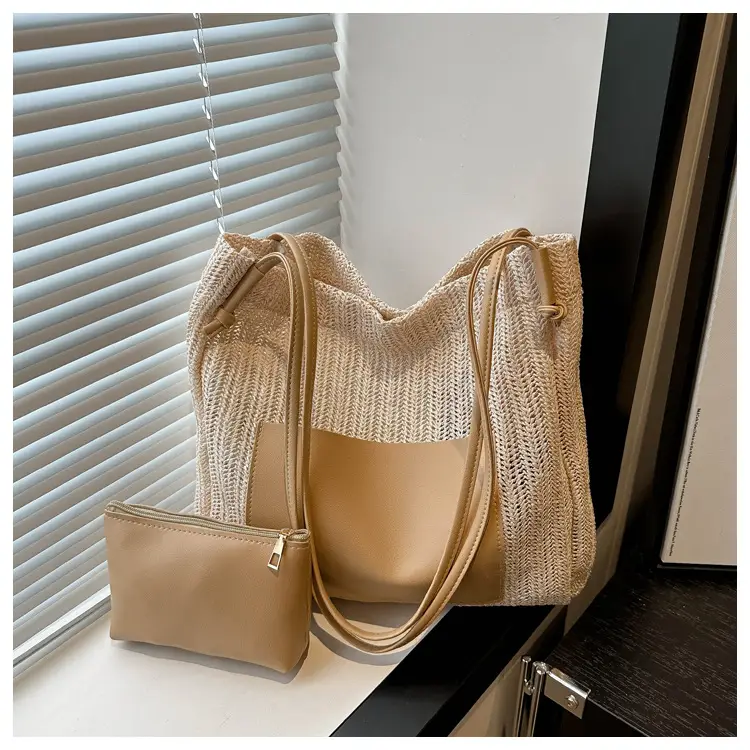 Ins Vintage Woven Straw Tote Bag Brown Leather Handle — feature 12