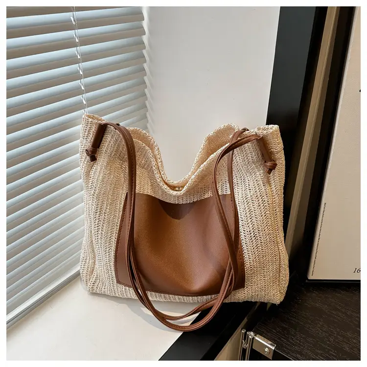 Ins Vintage Woven Straw Tote Bag Brown Leather Handle — feature 13