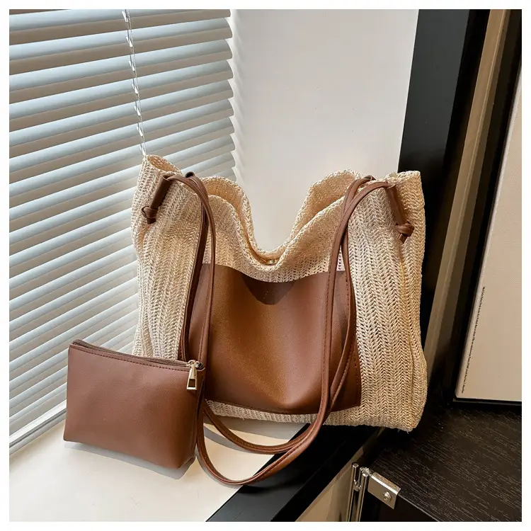 Ins Vintage Woven Straw Tote Bag Brown Leather Handle — feature 14