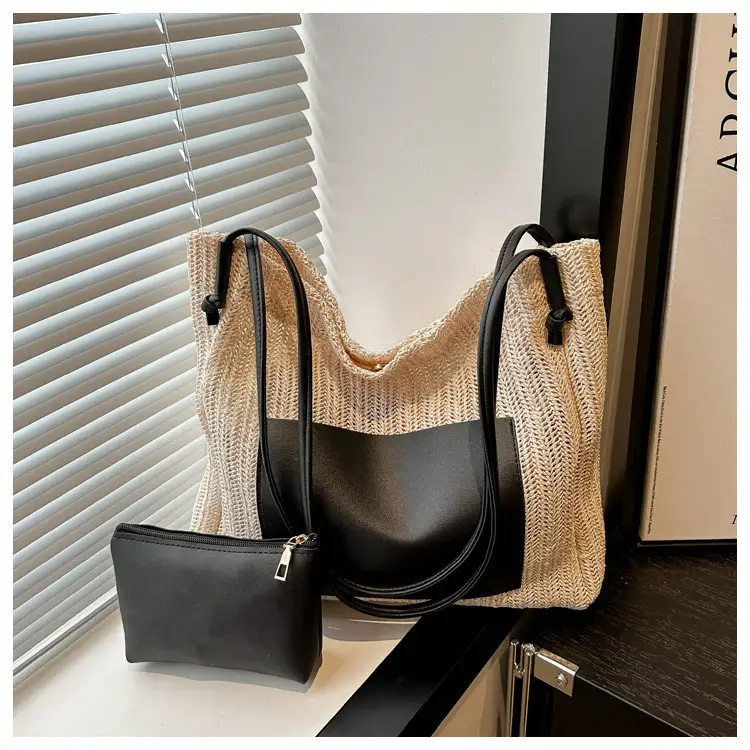 Ins Vintage Woven Straw Tote Bag Brown Leather Handle — feature 15