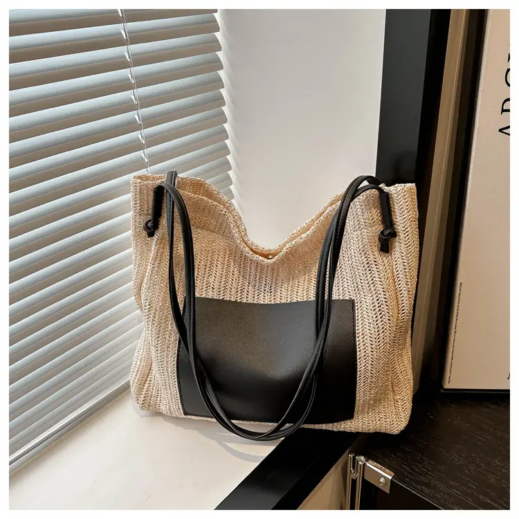 Ins Vintage Woven Straw Tote Bag Brown Leather Handle — feature 16