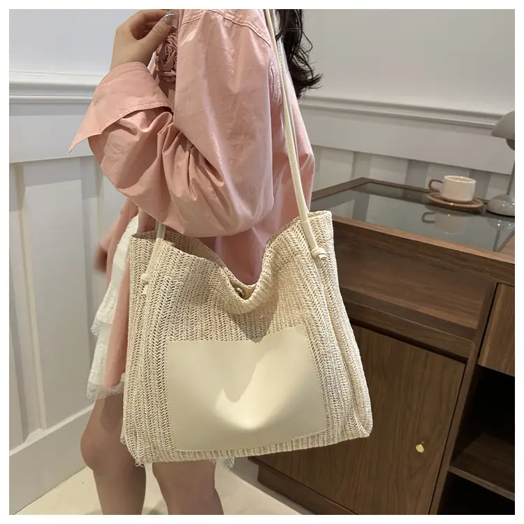 Ins Vintage Woven Straw Tote Bag Brown Leather Handle — feature 17