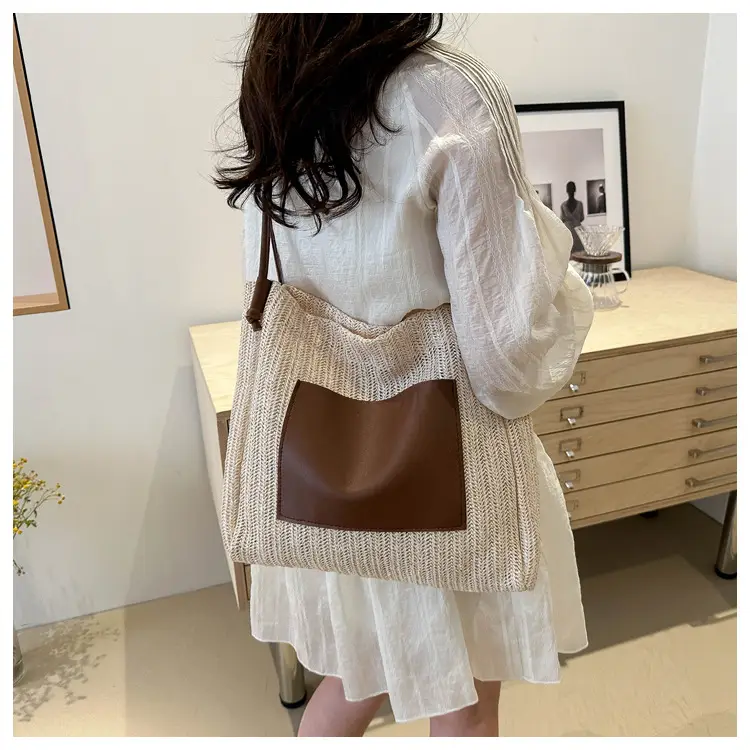 Ins Vintage Woven Straw Tote Bag Brown Leather Handle — feature 21
