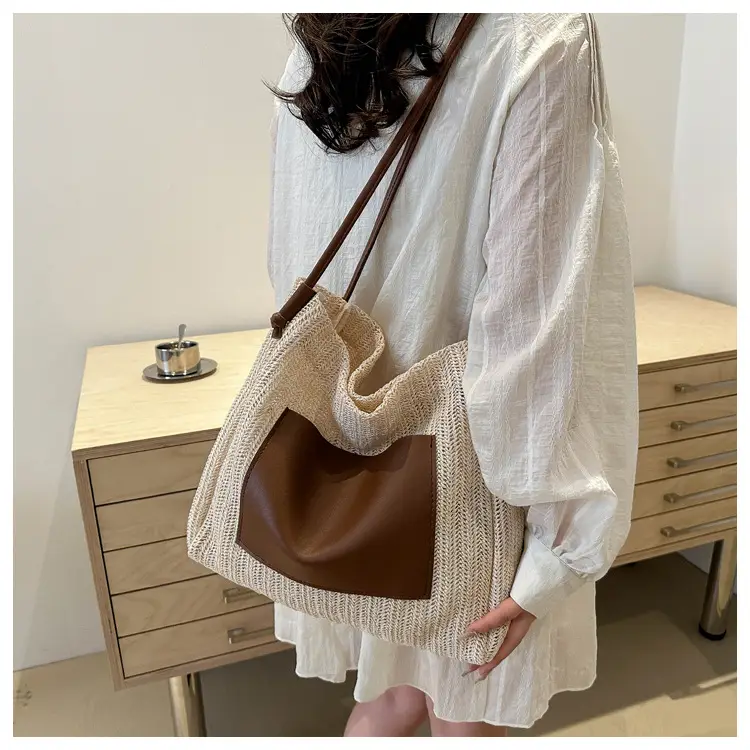 Ins Vintage Woven Straw Tote Bag Brown Leather Handle — feature 22