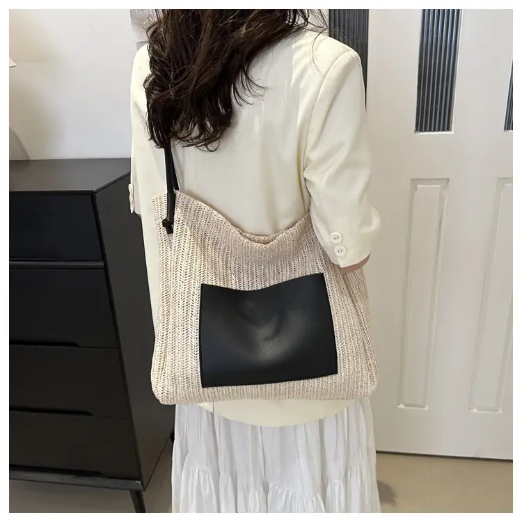 Ins Vintage Woven Straw Tote Bag Brown Leather Handle — feature 23