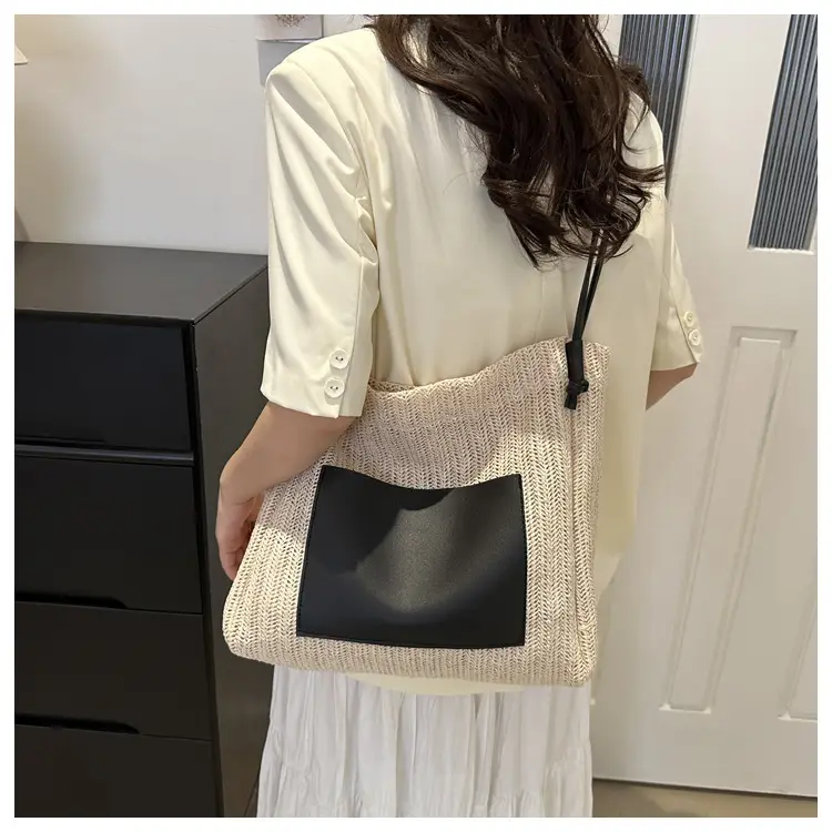 Ins Vintage Woven Straw Tote Bag Brown Leather Handle — feature 24