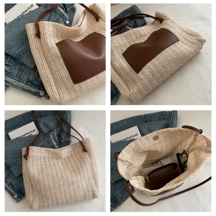 Ins Vintage Woven Straw Tote Bag Brown Leather Handle — feature 8