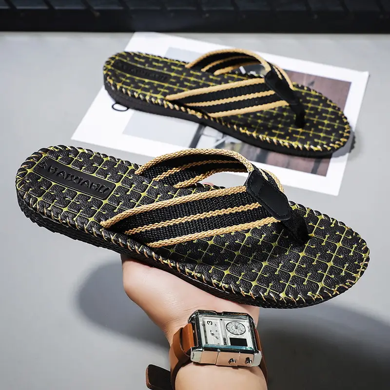 2024 Men Black Woven Beach Flip Flops - Image 4