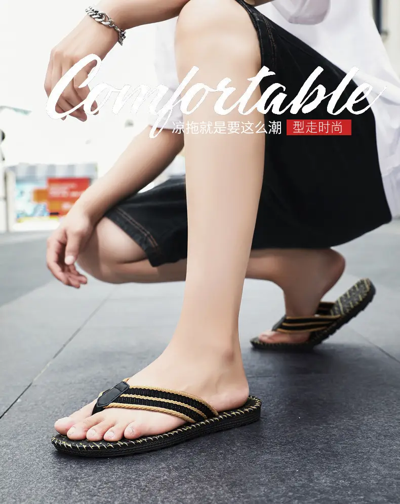 2024 Men Black Woven Beach Flip Flops — feature 1
