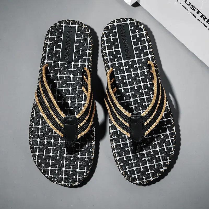 2024 Men Black Woven Beach Flip Flops - Image 2