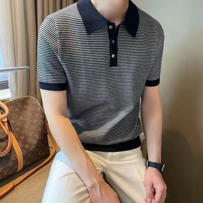 Men Ice Silk Polo Shirt Striped Collar White Pants - Image 3