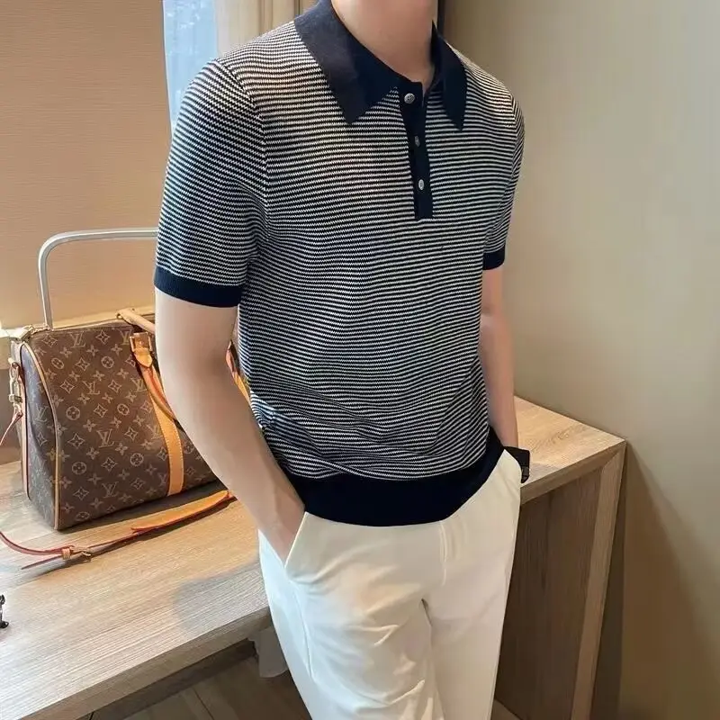 Men Ice Silk Polo Shirt Striped Collar White Pants - Image 4