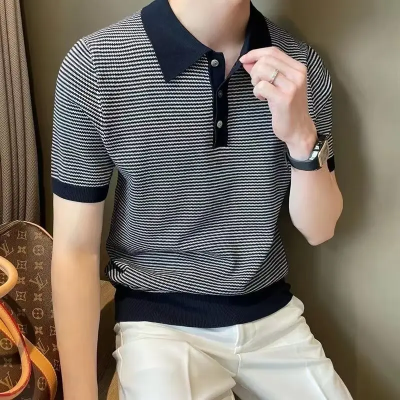 Men Ice Silk Polo Shirt Striped Collar White Pants - Image 5