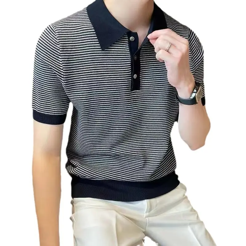 Men Ice Silk Polo Shirt Striped Collar White Pants - Image 6