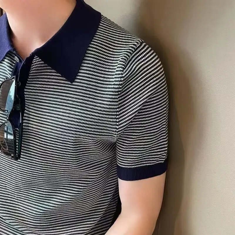 Men Ice Silk Polo Shirt Striped Collar White Pants — feature 3