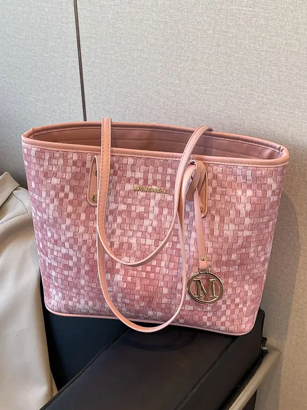 Women's Light Blue Checkered Tote Bag with Gold Logo