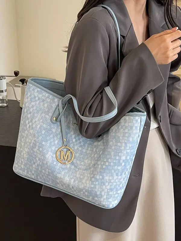 Women's Light Blue Checkered Tote Bag with Gold Logo
