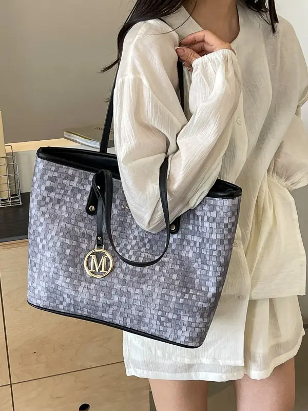 Women's Light Blue Checkered Tote Bag with Gold Logo