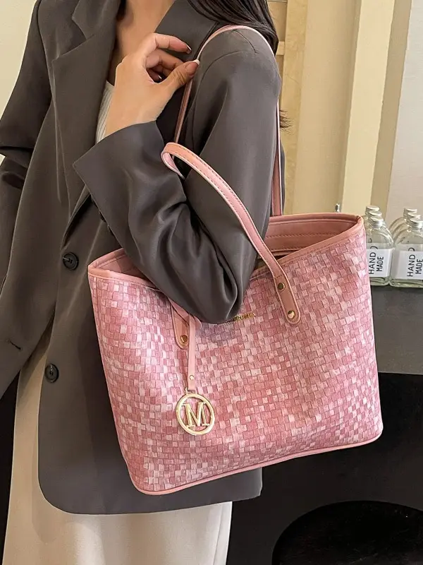 Women's Light Blue Checkered Tote Bag with Gold Logo