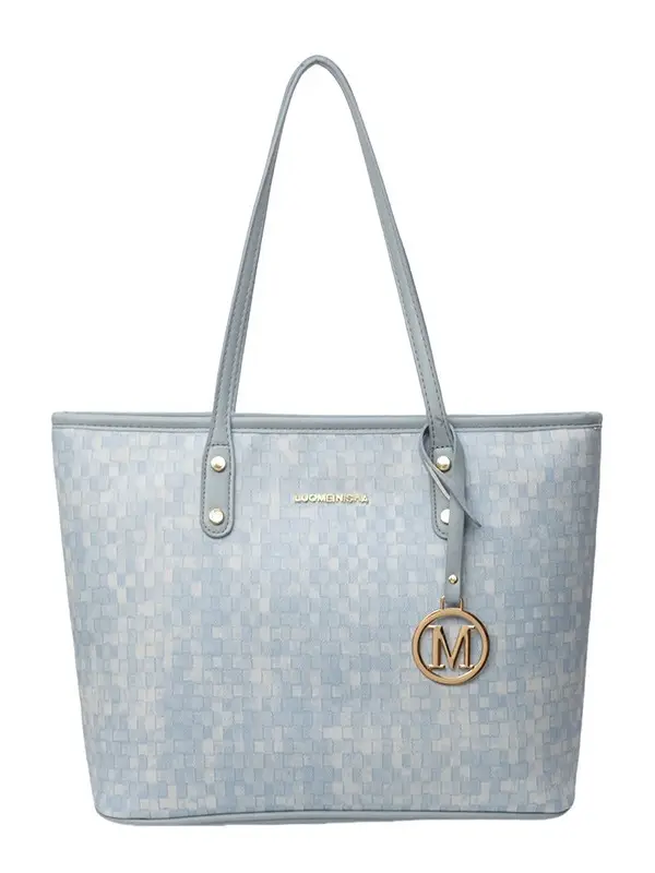 Women's Light Blue Checkered Tote Bag with Gold Logo