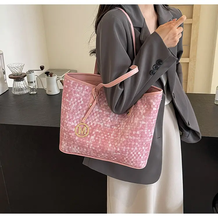 Women's Light Blue Checkered Tote Bag with Gold Logo — feature 10