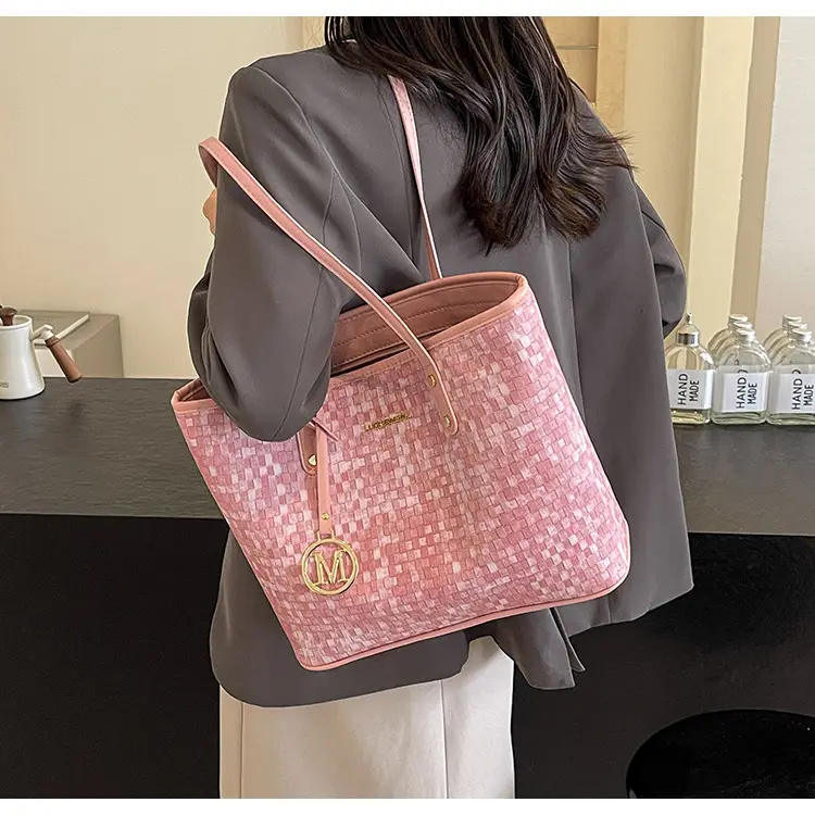 Women's Light Blue Checkered Tote Bag with Gold Logo — feature 11