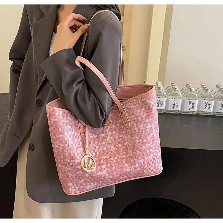 Women's Light Blue Checkered Tote Bag with Gold Logo — feature 12