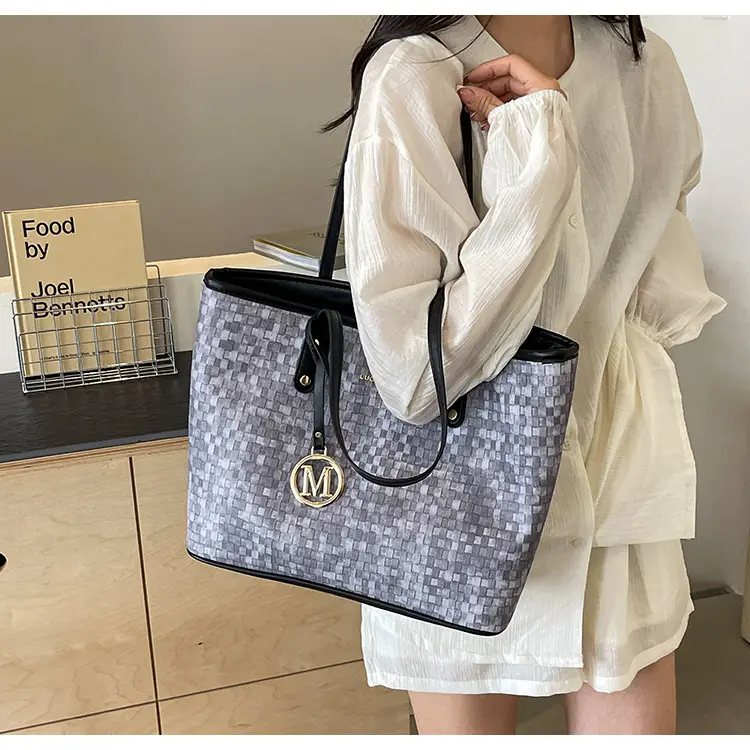 Women's Light Blue Checkered Tote Bag with Gold Logo — feature 13