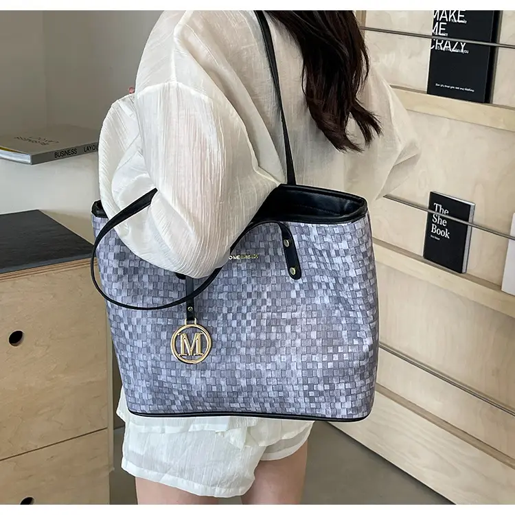 Women's Light Blue Checkered Tote Bag with Gold Logo — feature 14