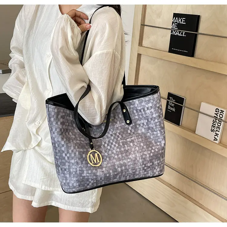 Women's Light Blue Checkered Tote Bag with Gold Logo — feature 15