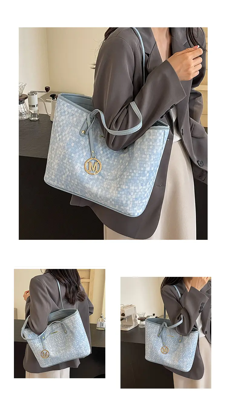 Women's Light Blue Checkered Tote Bag with Gold Logo — feature 16