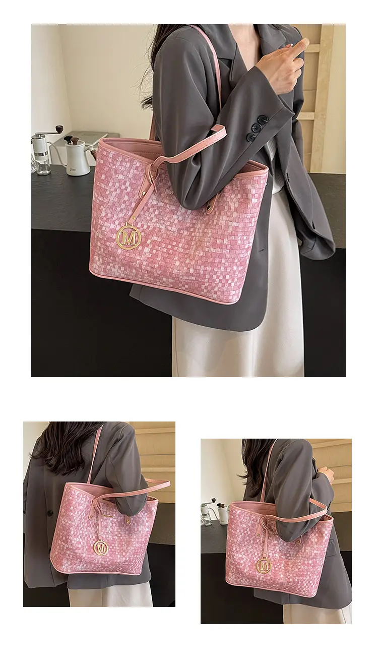 Women's Light Blue Checkered Tote Bag with Gold Logo — feature 17