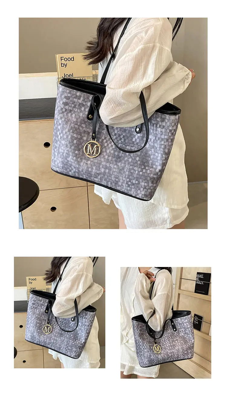 Women's Light Blue Checkered Tote Bag with Gold Logo — feature 18